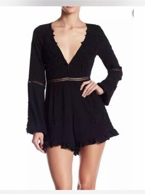 For Love & Lemons Black Long-Sleeve Lace Trim Plunge Romper